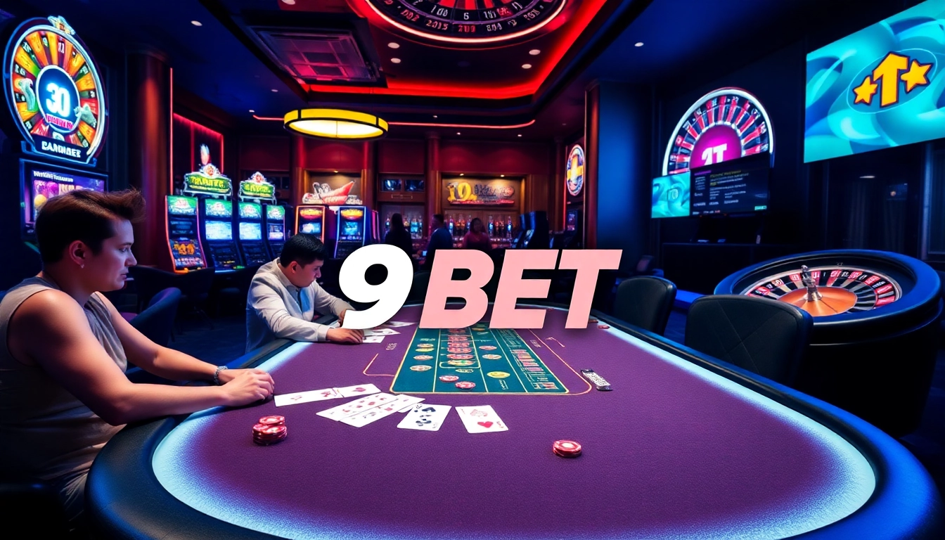 Players enjoying poker at a luxurious casino with 9BET branding.