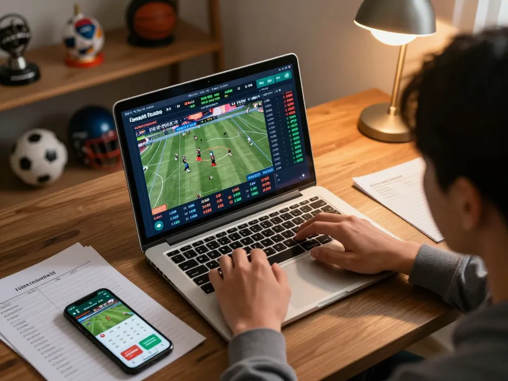 Engaging in strategic sports betting with nowgoal on a laptop in a cozy home setting