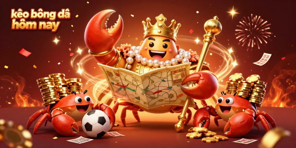 Engage with kèo bóng đá hôm nay through an energetic scene featuring a golden crab emperor and vibrant sports betting elements.
