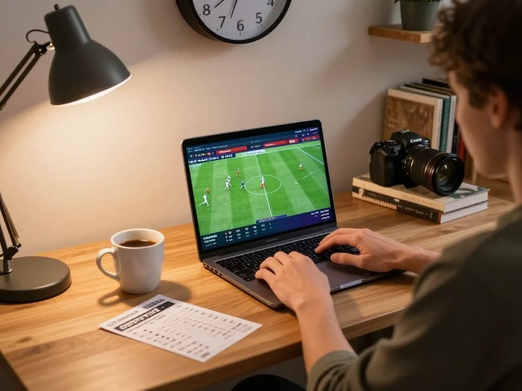 Engaged user explores gk88 online sports betting app on laptop during live match excitement