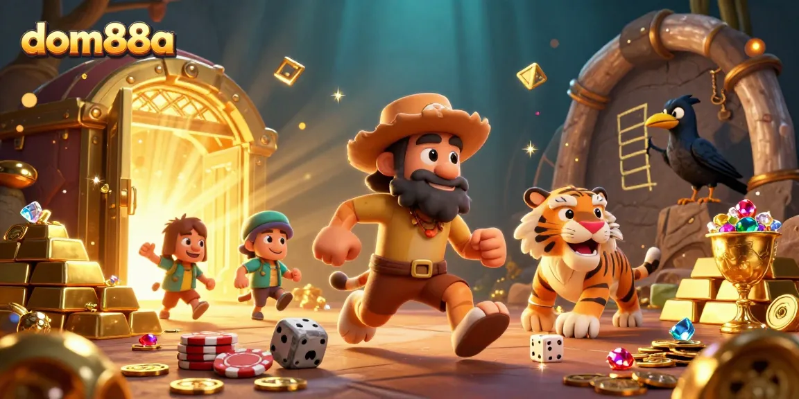Experience thrilling wins at dom88a with a lively casino scene featuring engaging characters and sparkling treasures.