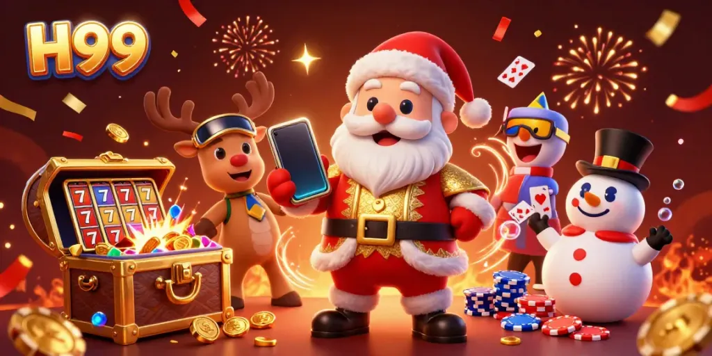 H99 casino scene featuring Santa with jackpot slots and festive characters amidst casino elements.