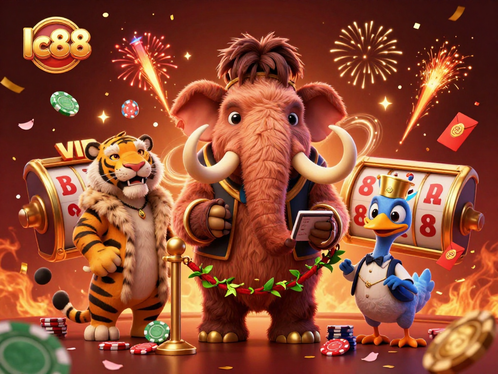 See lc88's vibrant casino scene with a woolly mammoth checking IDs and festive elements.