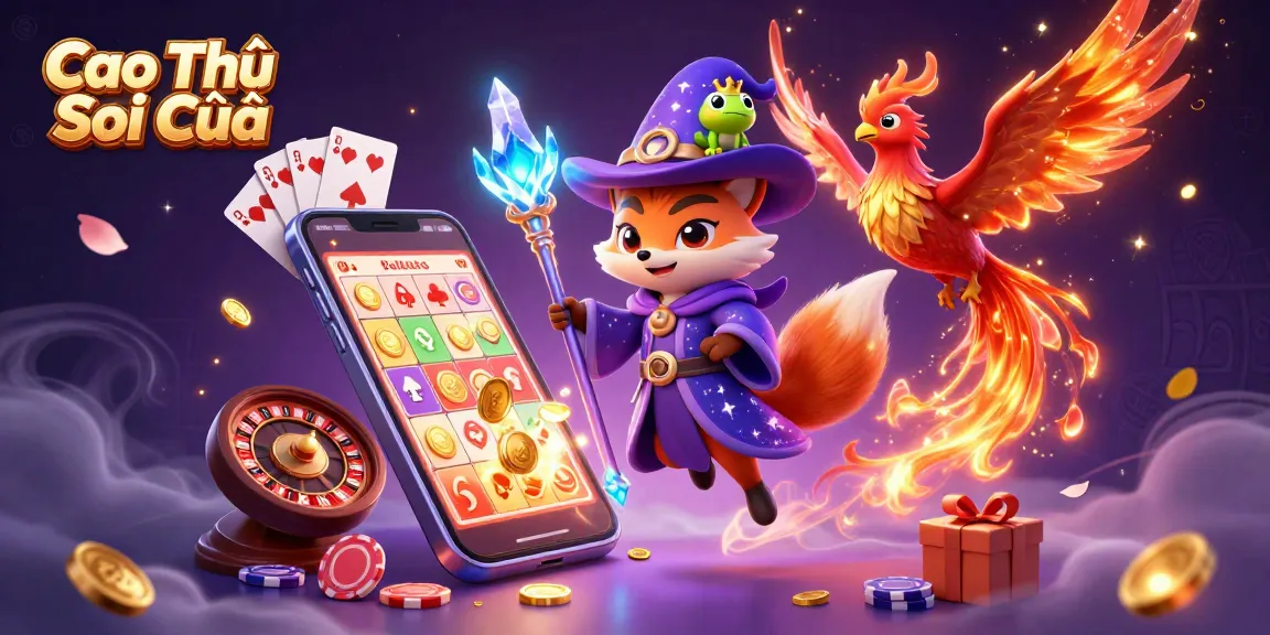 Cao Thủ Soi Cầu depicts a wizard fox and phoenix amidst dynamic lottery game symbols and winning coins.