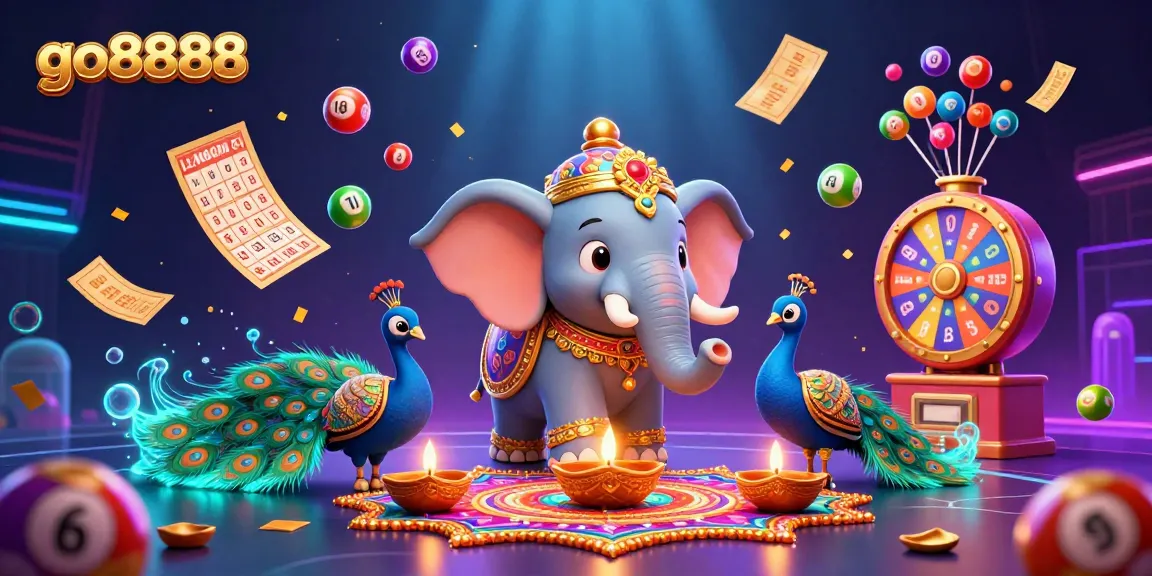 Cherish the excitement of go8888 with vibrant lottery balls, tickets, and a festive elephant in a dynamic casino scene.