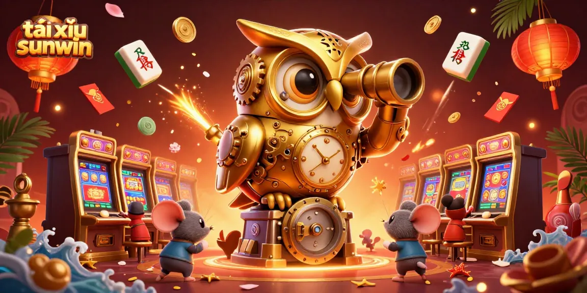 Experience the thrill of tài xỉu sunwin with a vibrant casino scene featuring a golden owl and festive elements.