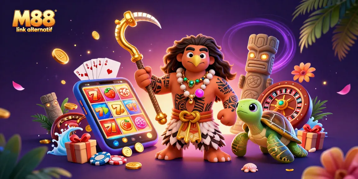 Engage with M88 link alternatif through vibrant casino elements in a dynamic 3D scene.