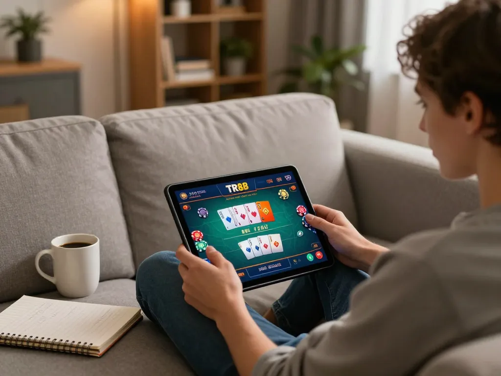 Engaging in TR88 poker gameplay on a tablet while documenting strategies.