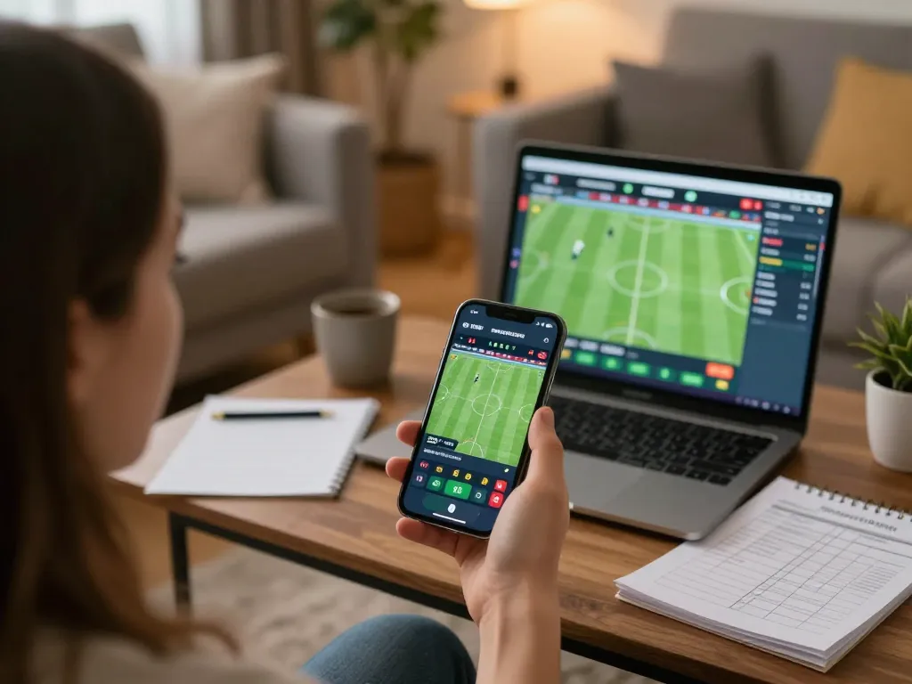 Person engaging in sports betting on OKFUN app in a cozy living room