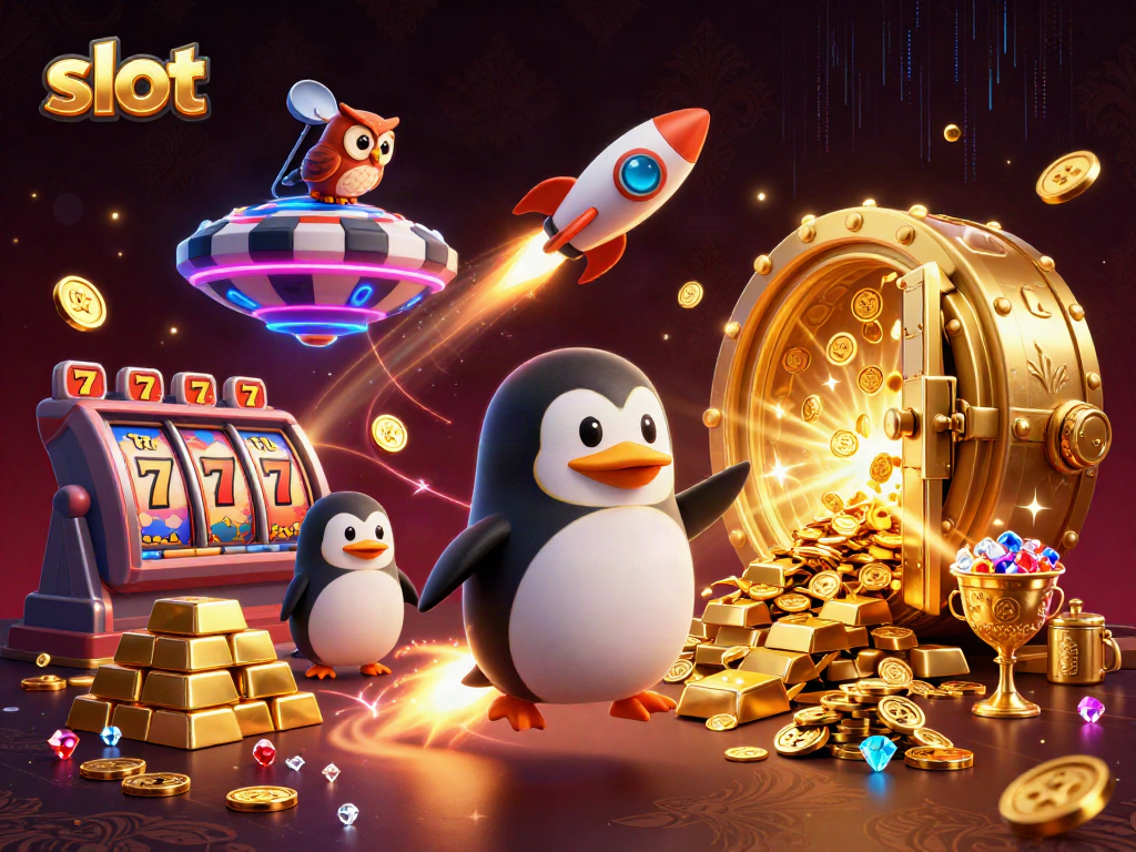 Spin slot machines with a golden penguin and riches in a luxurious casino atmosphere.
