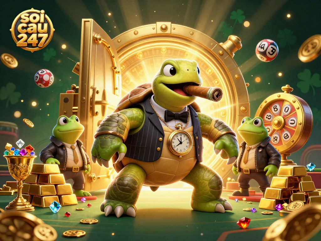 Engage with the exciting soi cau 247 scene of a vintage turtle mobster and bullfrog enforcers in a vibrant casino atmosphere.