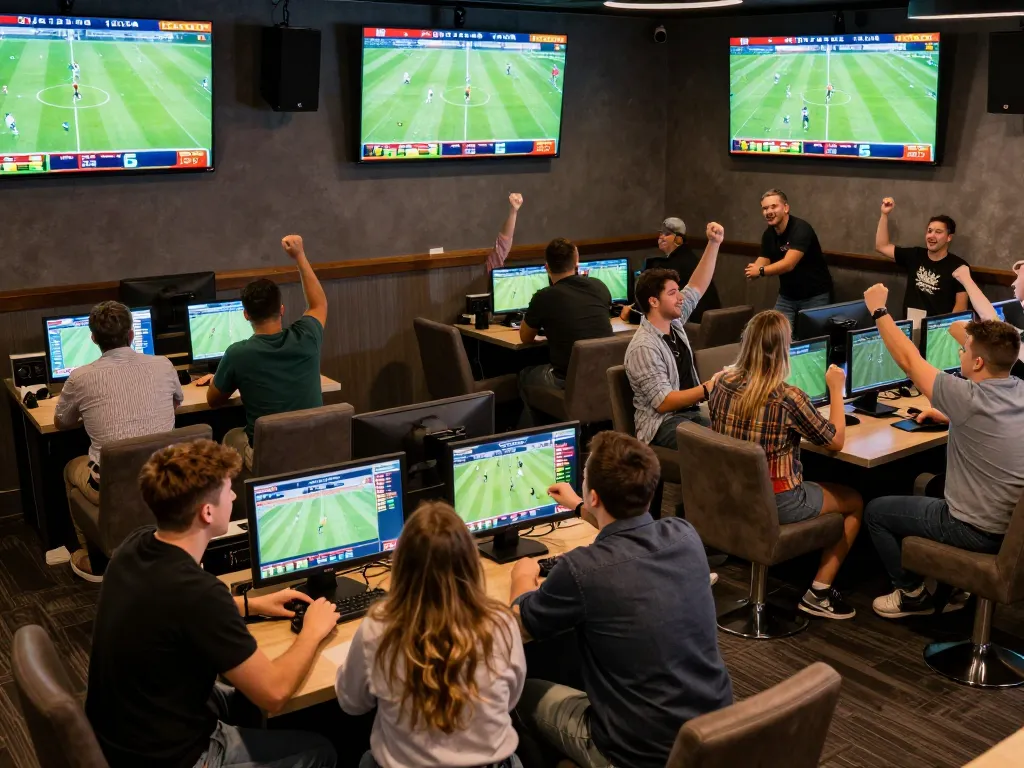 Socolive link showcasing a lively sports betting lounge filled with enthusiastic fans celebrating their wins.