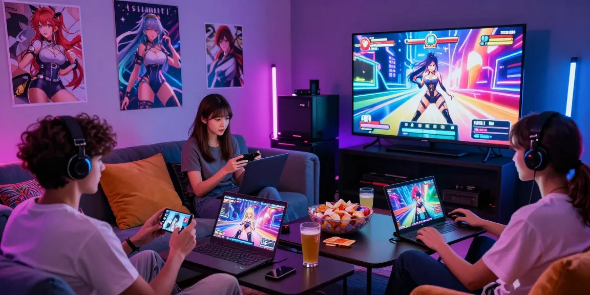 Engaged gamers enjoying free hentai games in a cozy lounge with neon lights and vibrant atmosphere.
