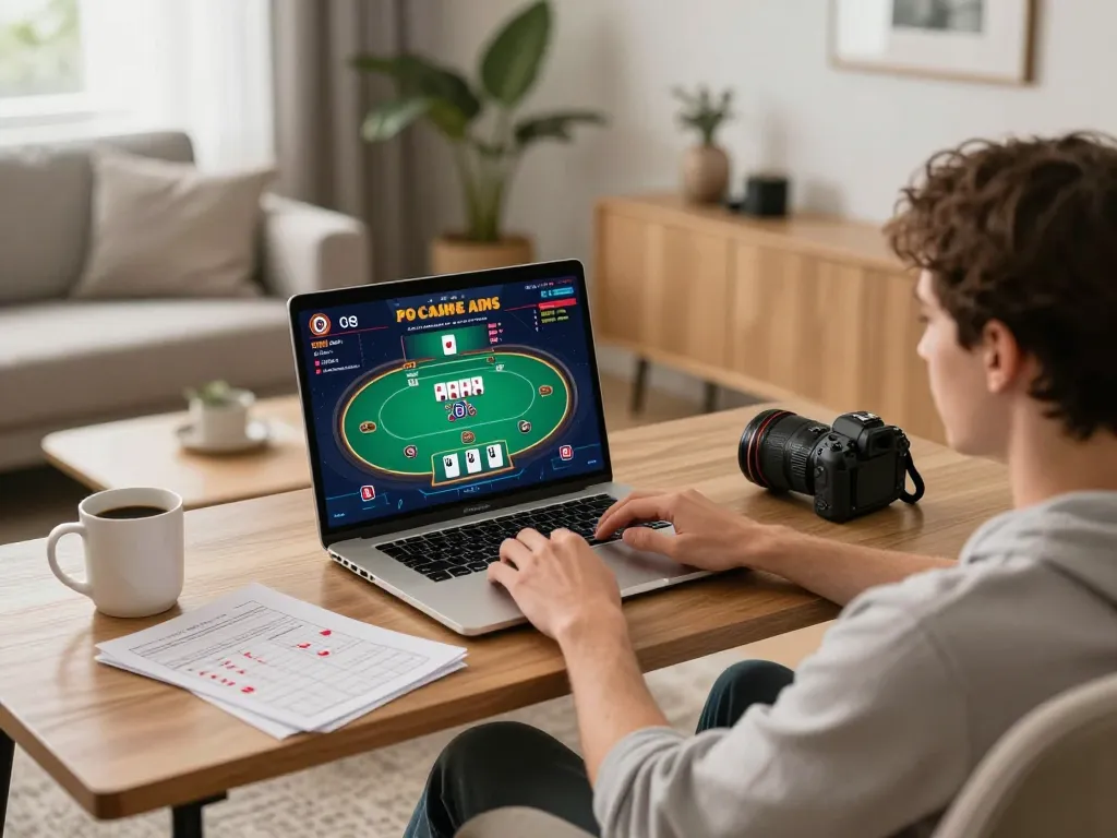 Player enjoying O8 casino games on laptop in a cozy home setting, showcasing gaming interface and strategic notes