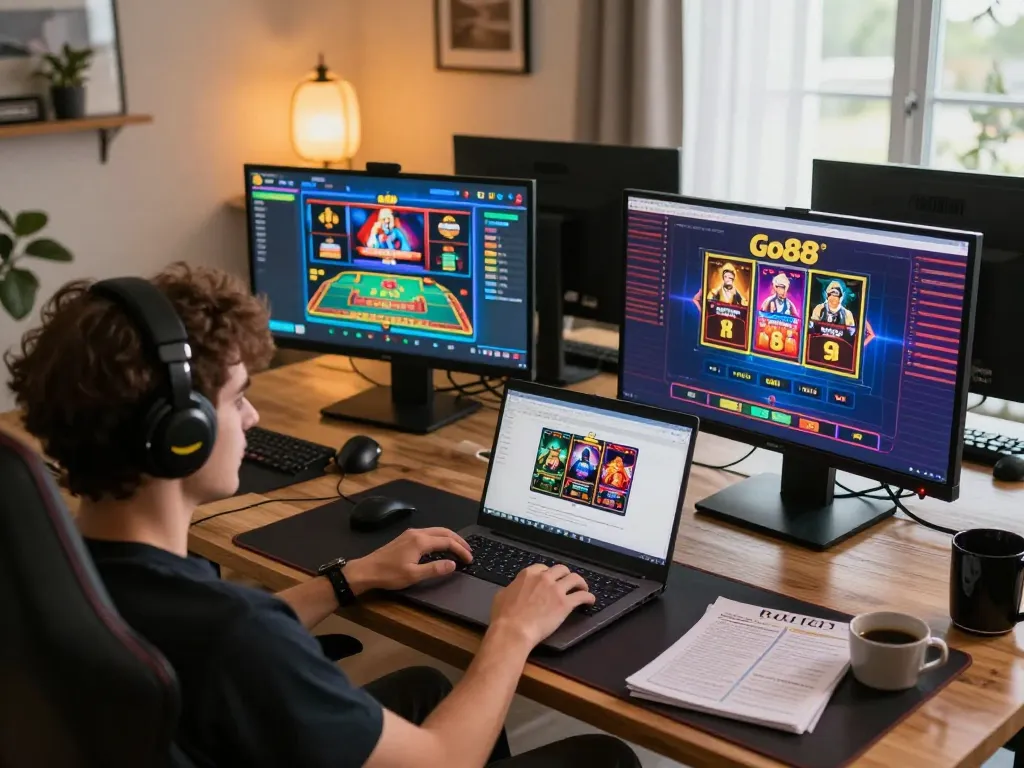 Player engaging with Go88 on laptop, showcasing vibrant online gaming setup with strategy notes.