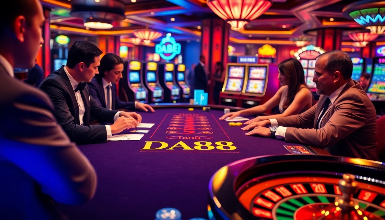 Experience the thrill of gambling at DA88, with players enjoying poker and slot games in a stunning casino setting.