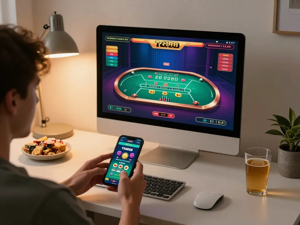 Player enjoying strategic gameplay on the TG88 app in a cozy home office setup.