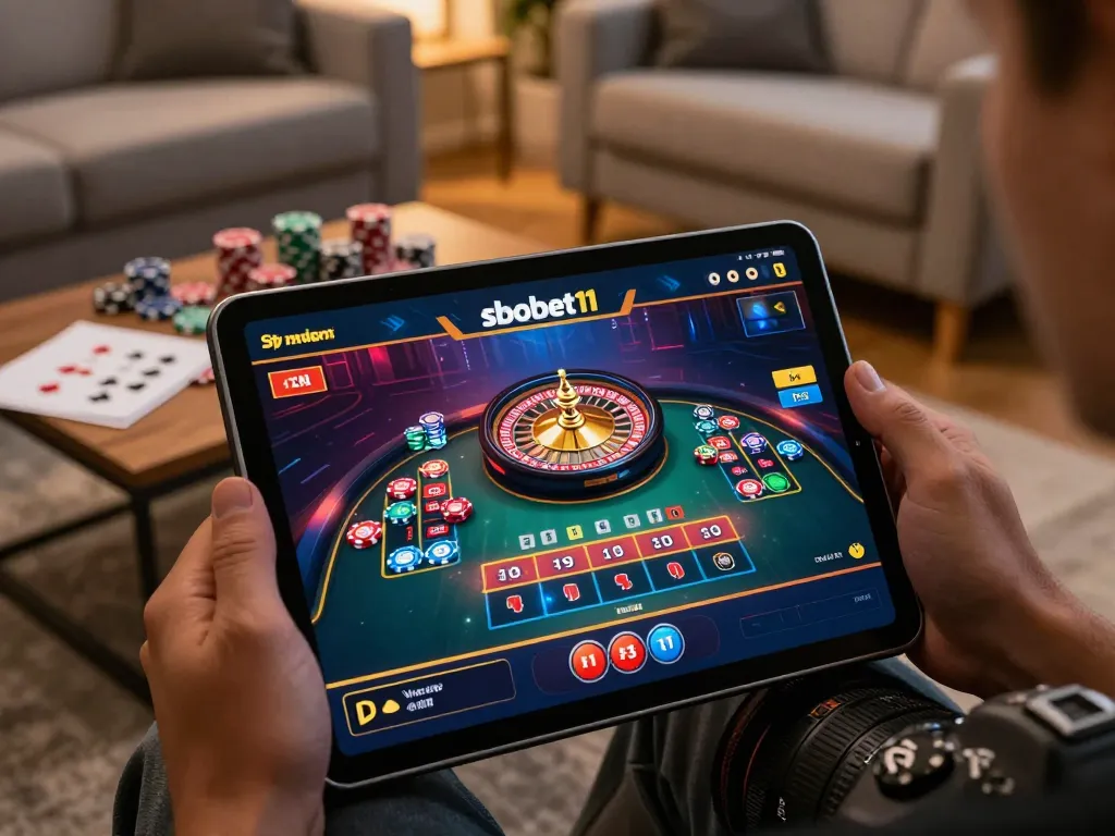 Player engaging in sbobet11 live roulette online, surrounded by chips and a cozy atmosphere.