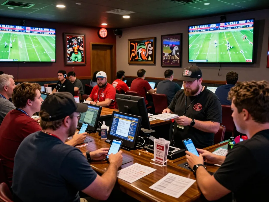 Xoilac fans engaging in live sports betting in a bustling lounge with large screens and excitement.