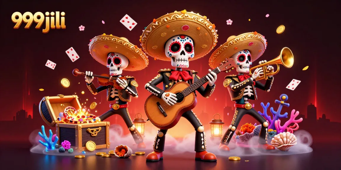 Experience thrilling wins at 999jili with a lively mariachi band and casino elements in a vibrant setting.