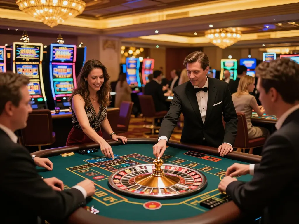 Players enjoying the excitement of casino mb66 roulette table gameplay, enhanced by vibrant casino atmosphere.