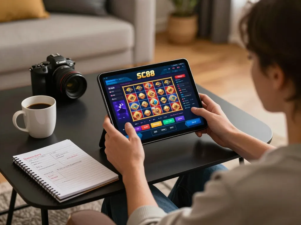 Player enjoying SC88's casino app on a tablet during a cozy home gaming session.
