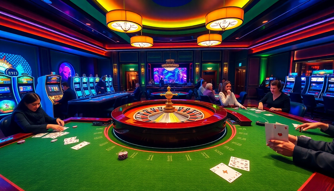 Exciting casino gaming atmosphere at 33win with roulette wheels, poker chips, and vibrant players.