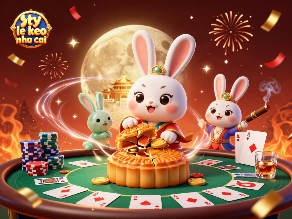 Bet on ty le keo nha cai with a festive illustration of a moon rabbit revealing poker chips.