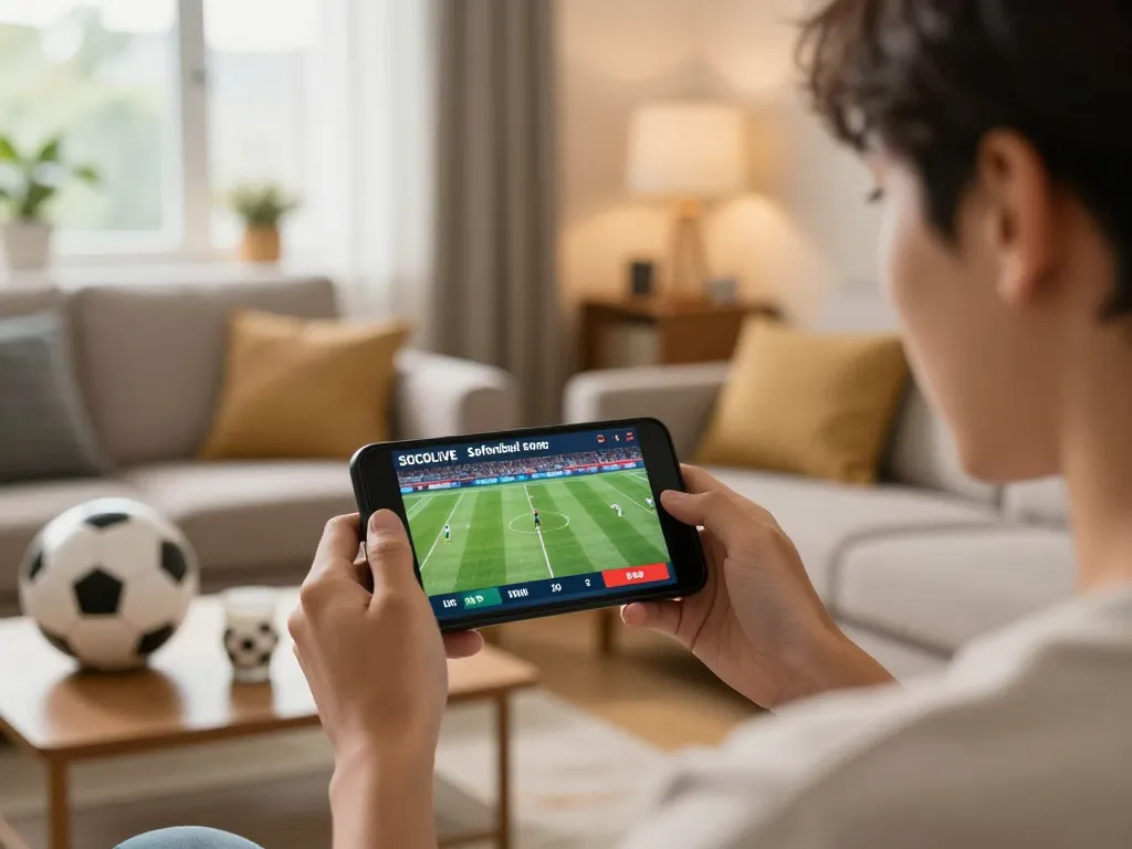SOCOLIVE mobile interface displayed for live sports streaming, showcasing excitement and engagement in a cozy atmosphere.