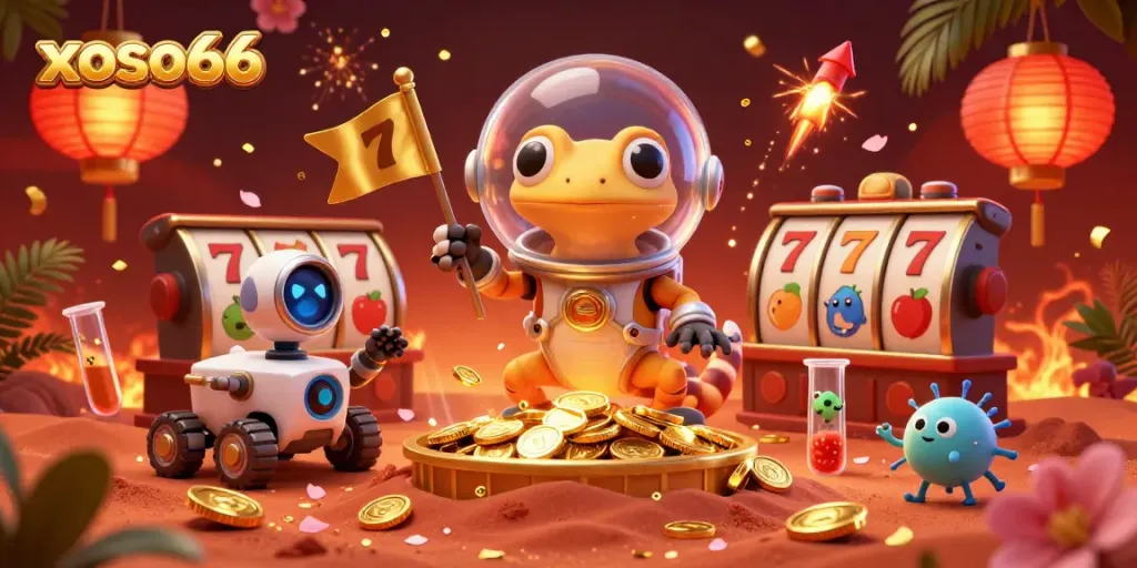 Experience thrilling winnings at xoso66's vibrant casino scene with a Martian gecko and golden slot reels.