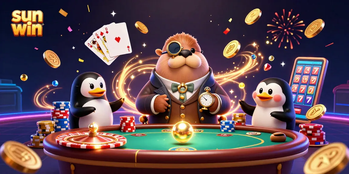 Experience thrilling plays at Sun Win's underwater poker table with cartoon characters and festive casino elements
