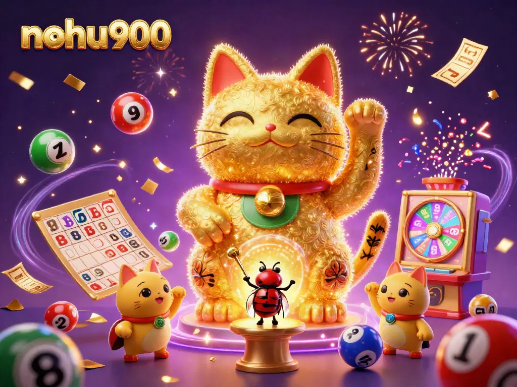 Experience the excitement of nohu900 with a vibrant illustration of a lucky cat and dynamic casino elements.