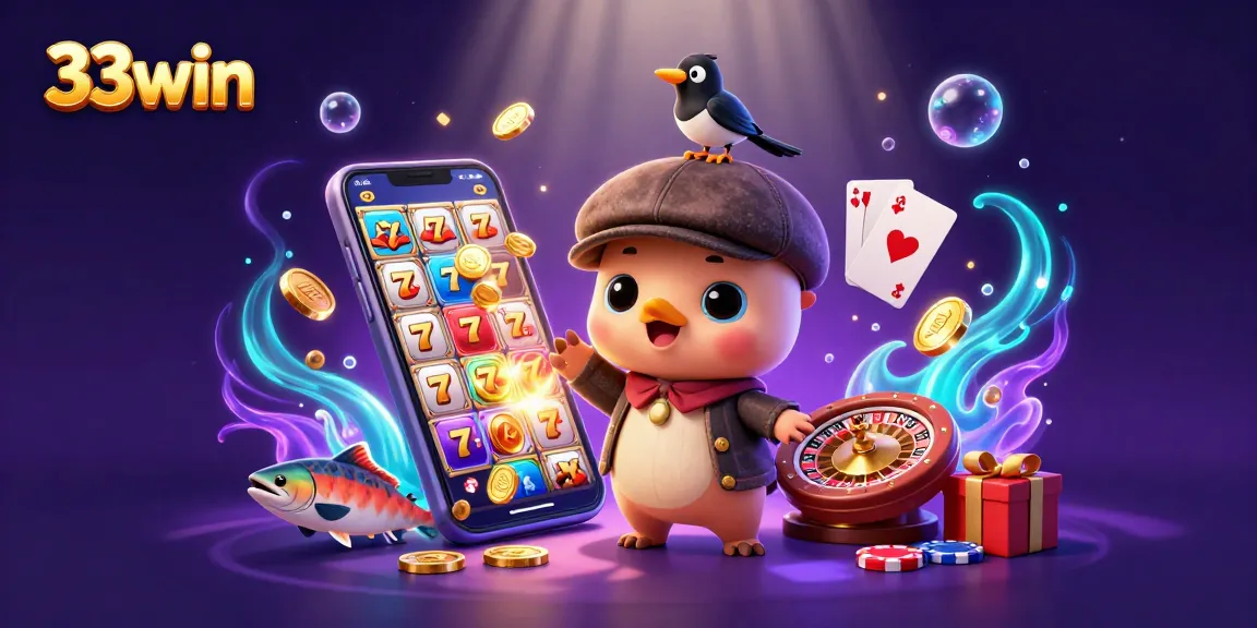 Engage with 33win's vibrant 3D casino scene featuring cartoon Nessie and playful game elements.