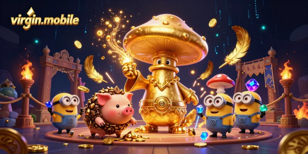 Experience the magic of virgin-mobile in a golden themed casino realm with vibrant characters and betting elements.