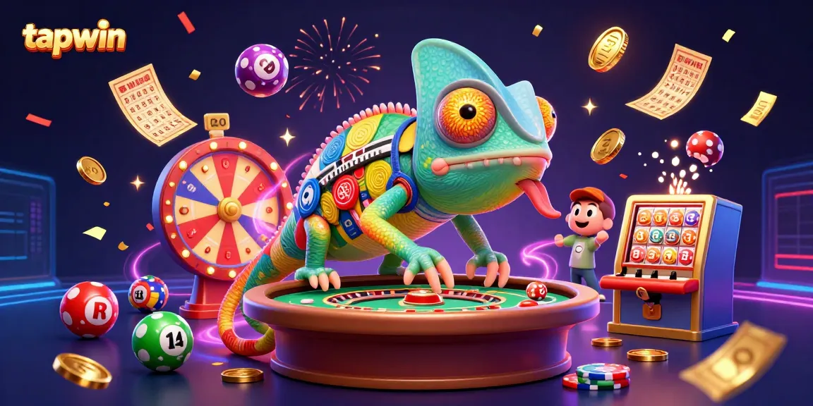 Engage with tapwin's exciting casino world featuring a chameleon gambling owner amid vibrant game elements.