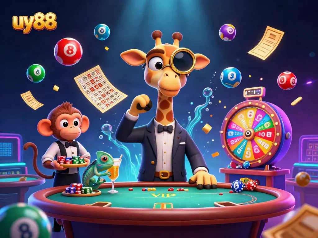 Engage with uy88 in a vibrant 3D casino scene featuring a high-roller giraffe and exciting gaming elements.