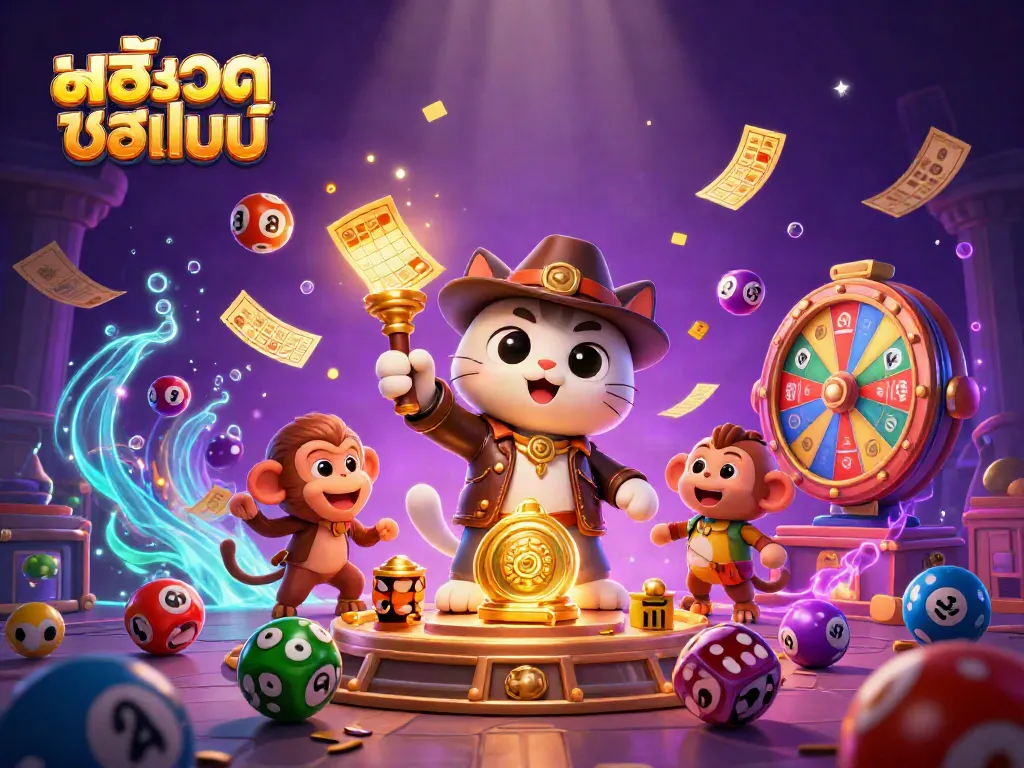 Experience the thrill of สล็อตออนไลน์ with a vibrant treasure hunt scene showcasing colorful lottery elements.
