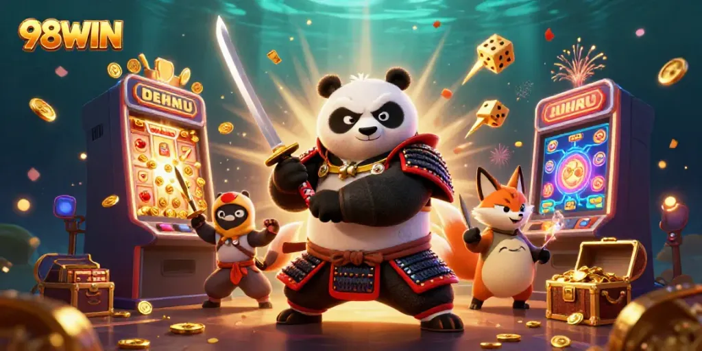 Engage with 98WIN's exhilarating casino experience through an epic scene featuring dynamic characters and vibrant gaming elements.