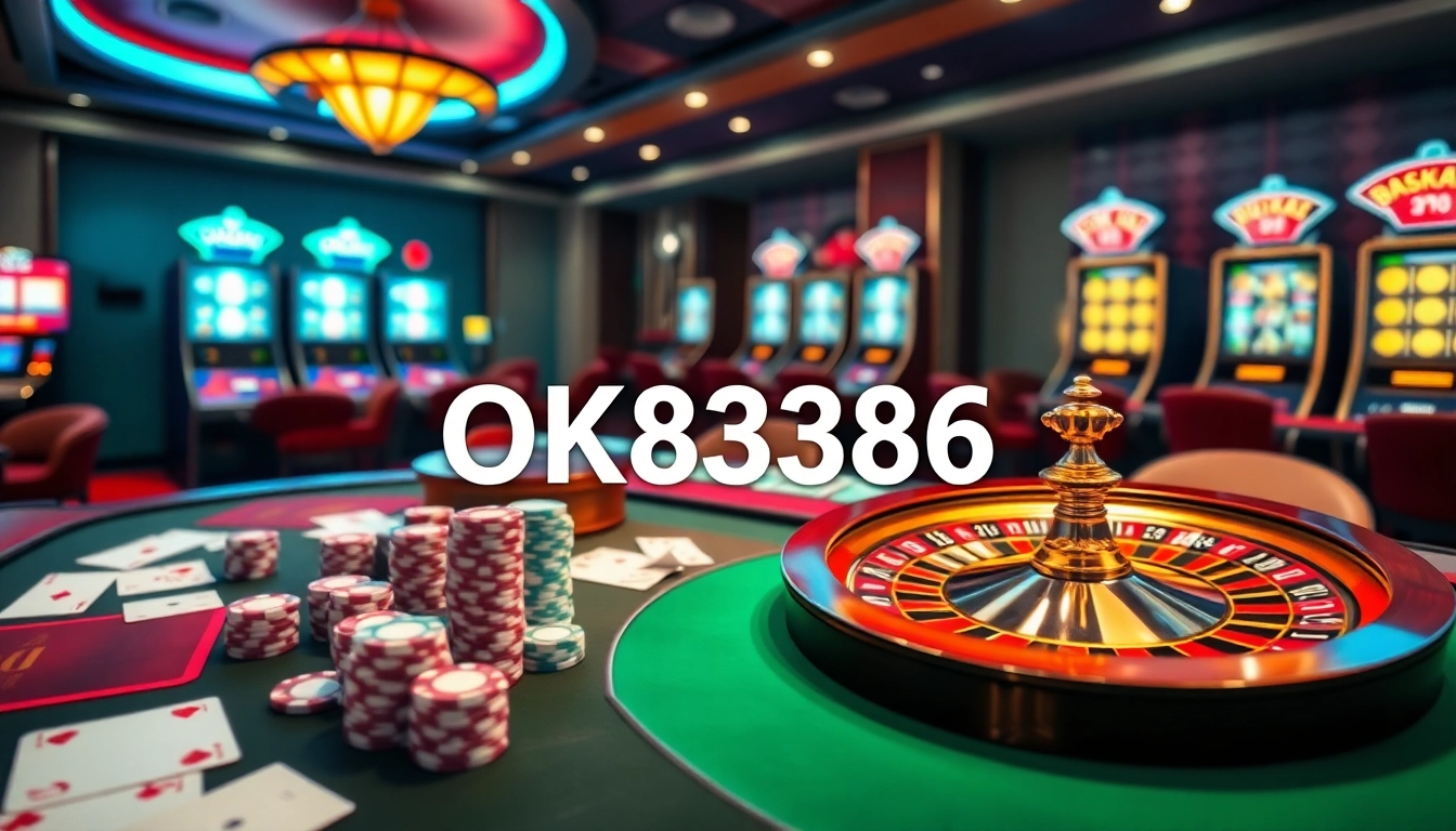 Engaging casino scene highlighting OK8386 with poker chips, cards, and a roulette wheel.