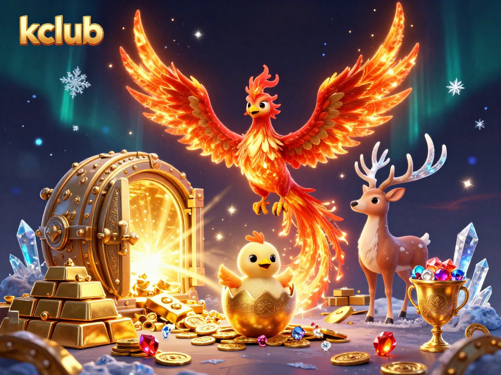 Experience the excitement of kclub with a dynamic scene featuring a phoenix and treasures in a vibrant casino atmosphere.