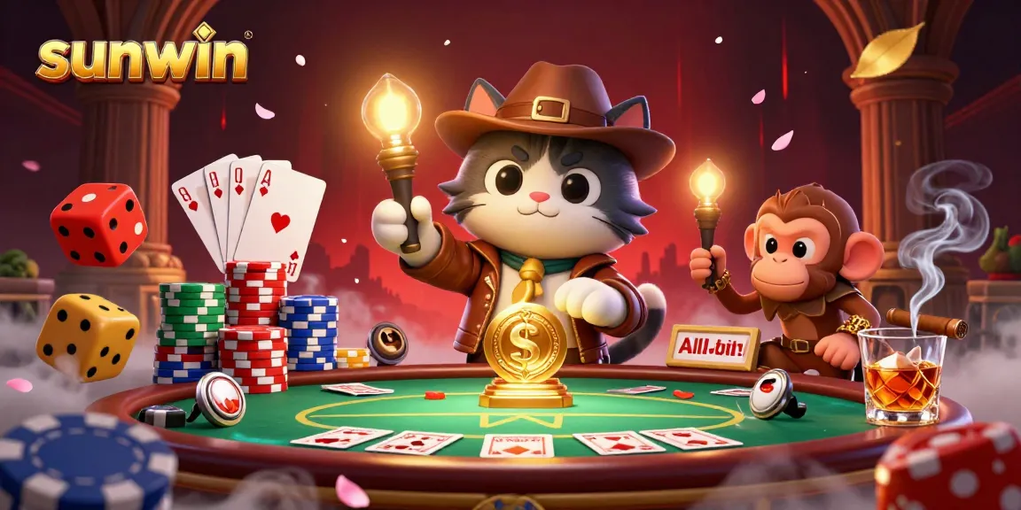 sunwin casino adventure illustration with an archaeologist cat and poker elements