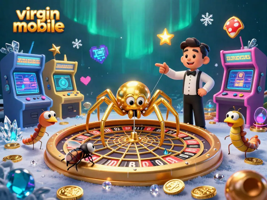 Spin and win with virgin-mobile in a vibrant casino scene featuring animated characters and glowing gaming elements.