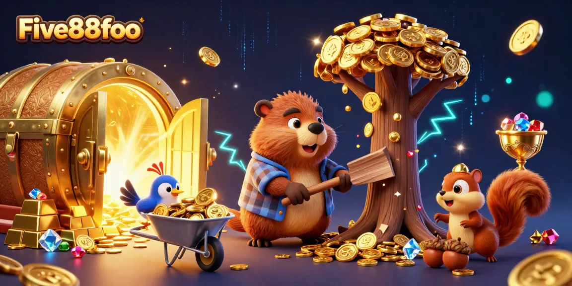 Bet smart with Five88foo in a packed 3D illustration of winning casino moments and golden treasures