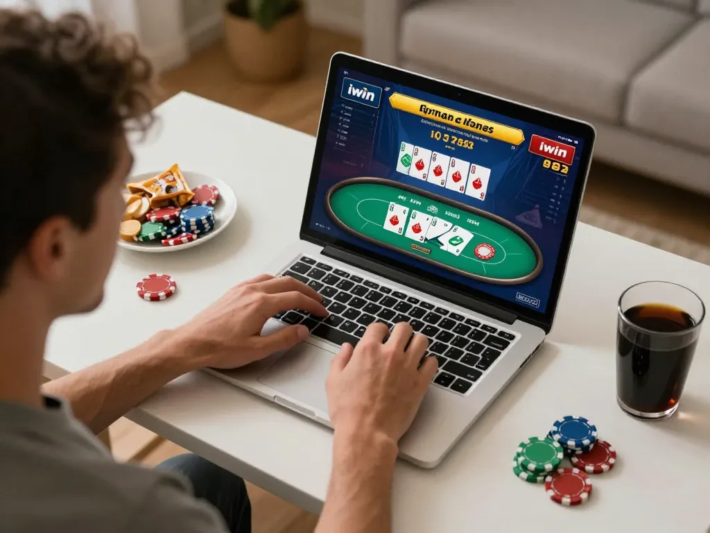 Engaged player enjoying iwin poker game at home setting with warm lighting and snacks.