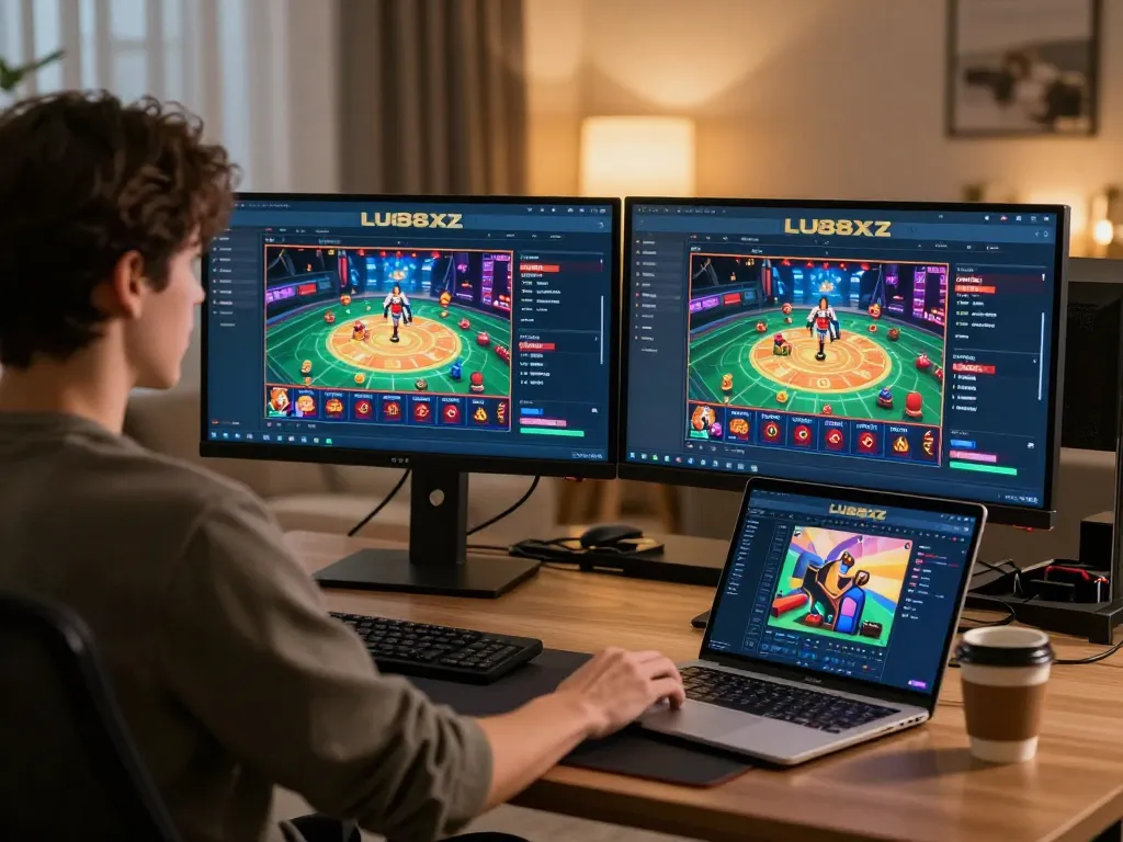 Player analyzing LU88XZ sports betting odds on dual monitors in a stylish home setup