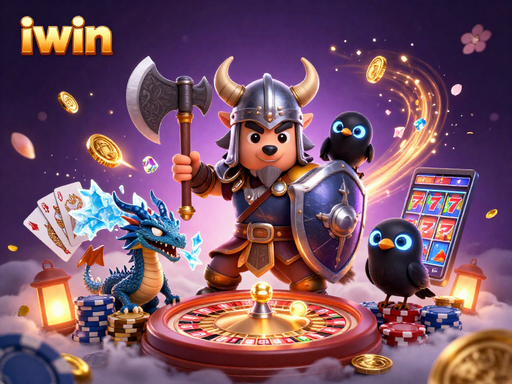 Spin the iwin roulette with a Viking wolf warrior, fierce dragon, and glowing coins in a dynamic casino scene.