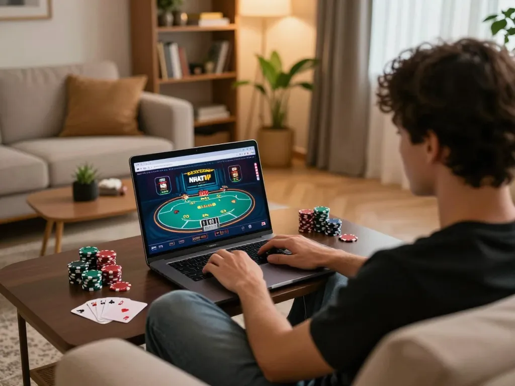 Engaging in NHATVIP casino games from the comfort of home with a laptop setup.