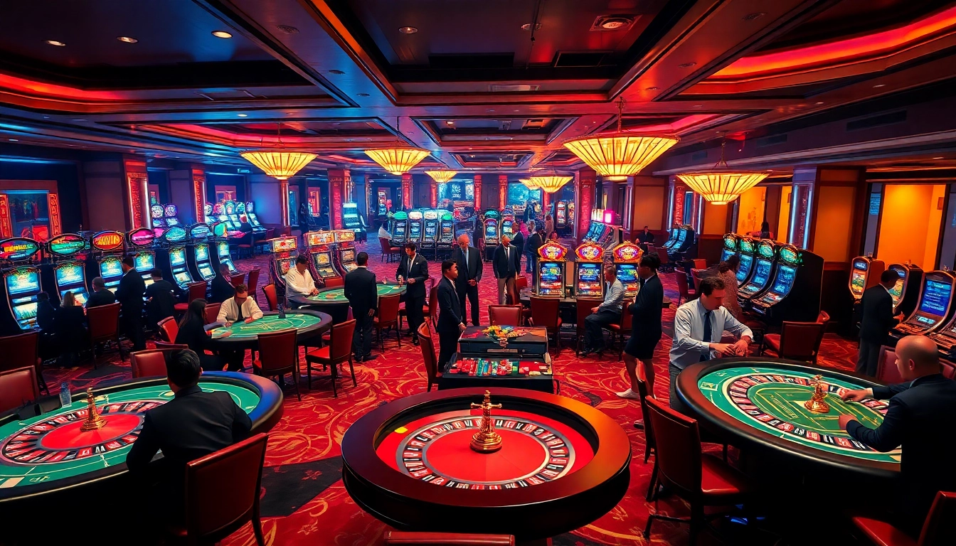 Exciting gambling action at cm88 com with players engaging at roulette and poker tables in a luxurious casino.