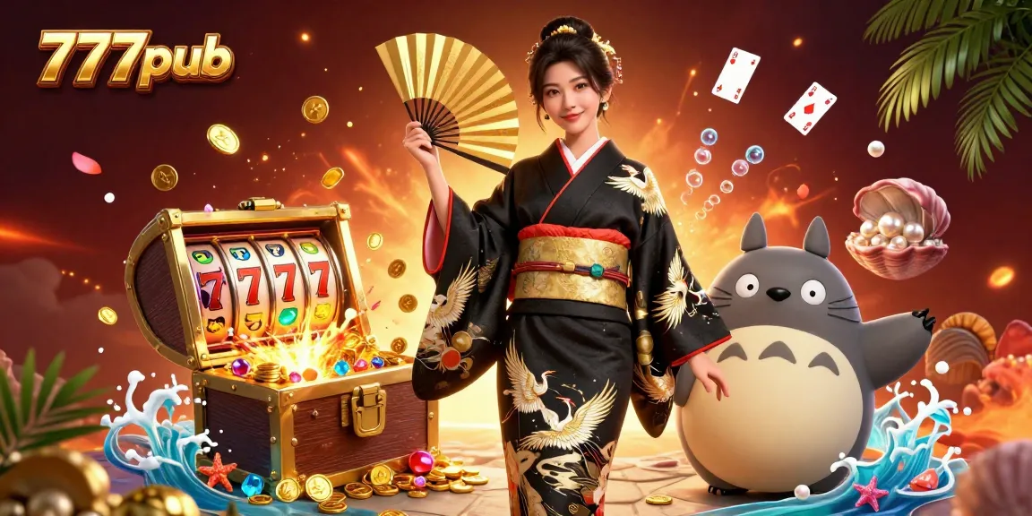 Engage in exciting games with 777pub at this vibrant casino-themed illustration featuring slot machines and an ornate kimono character.