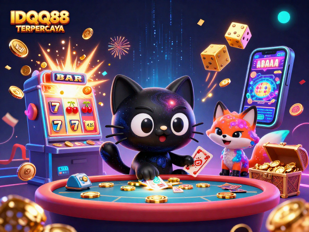 Engage with the exciting IDQQ88 TERPERCAYA online casino experience, showcased through dynamic casino characters and vibrant game elements.